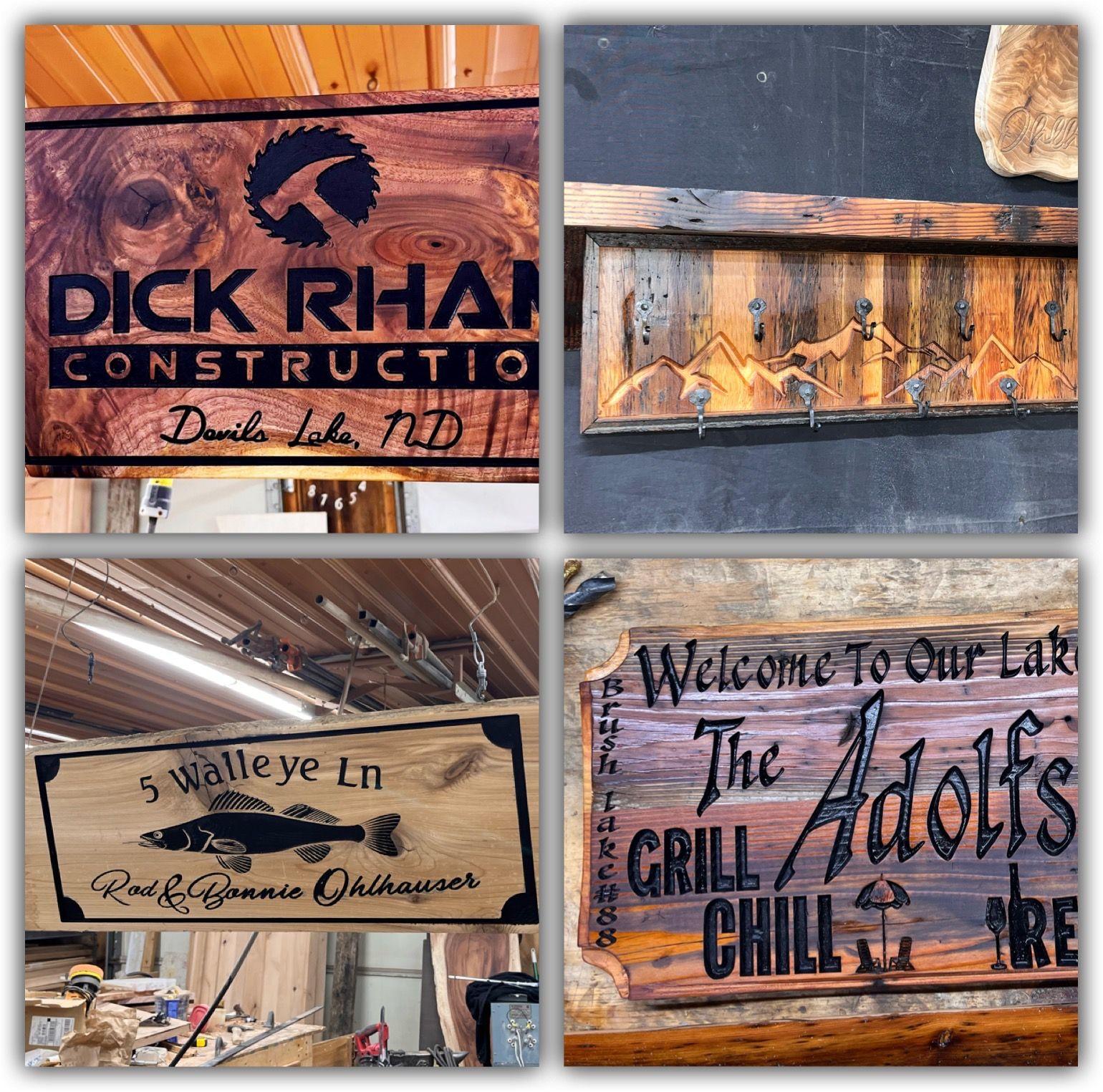 Collage of custom wooden signs including company names, welcome messages, and decorative wall hooks.